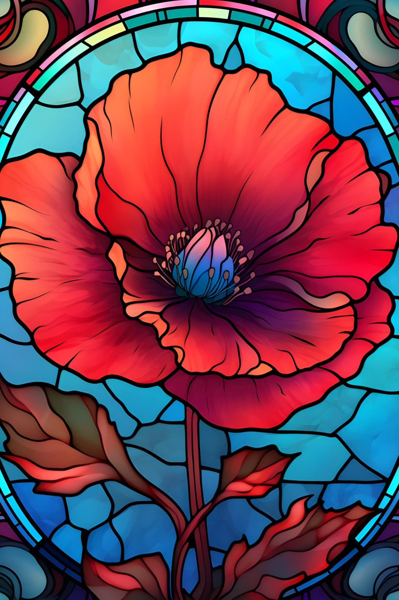 OtterBlotter Designer Custom Notebook - Stained Glass Flowers Poppy